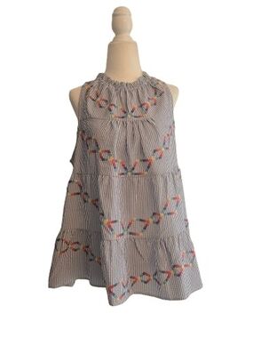 Savanna Jane Blue and White Striped Sleeveless Embroidered Swing Tank